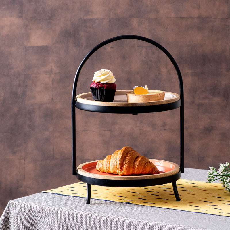 Mango Wood & Iron Beautiful 2 Tier Buffet Organizer | Beige & Orange