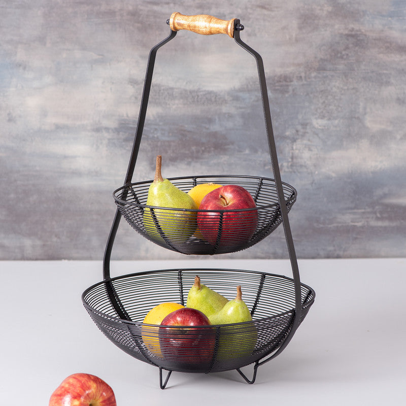 Mango Wood & Iron Wired Knob Basket | Black
