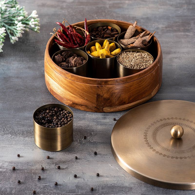 Wooden Masala Box | Mango Wood | Gold | 9x2.7 inch By Nestroots
