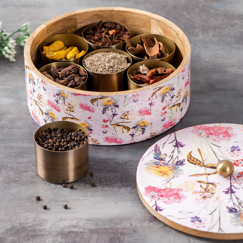 Wooden Masala Box | Mango Wood | Pink | Masala Box With 7 Jars By Nestroots