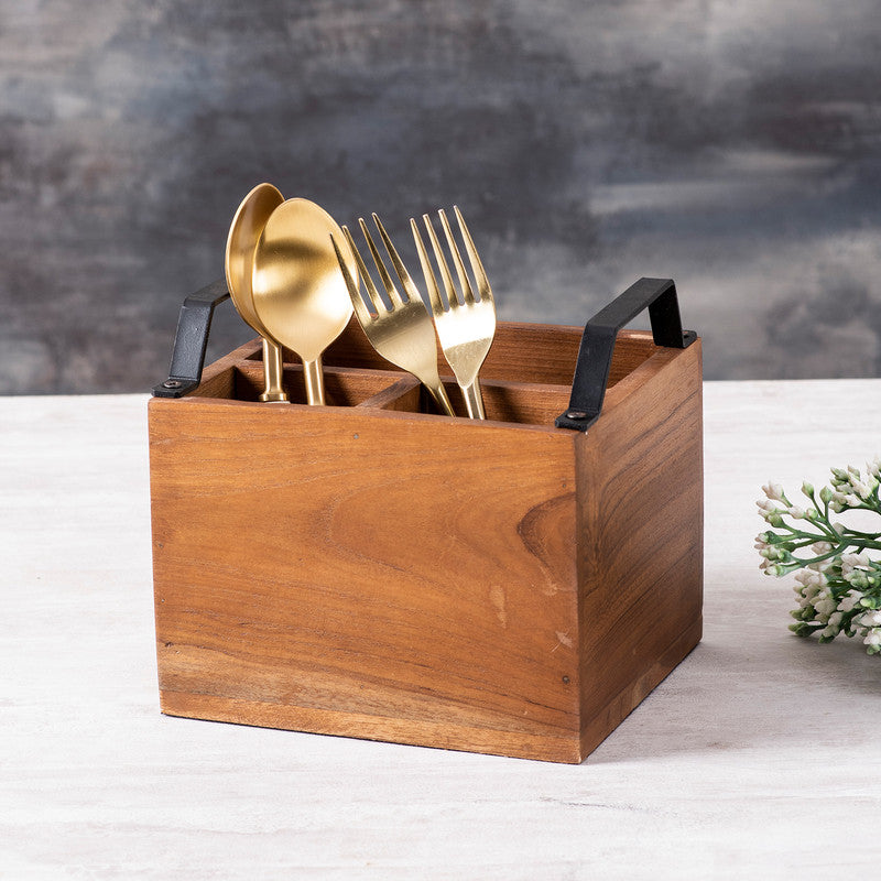Teak Wood & Iron Teak Wood Cutlery Holder | Brown & Black
