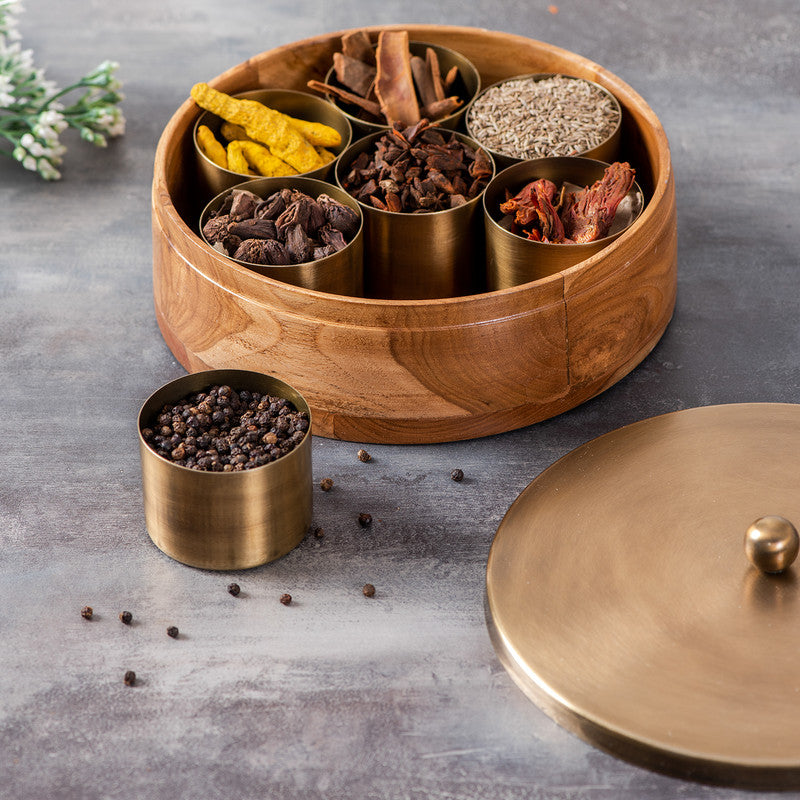 Wooden Masala Box | Teak Wood & Stainless Steel Gold | 9x2.7 inch By Nestroots