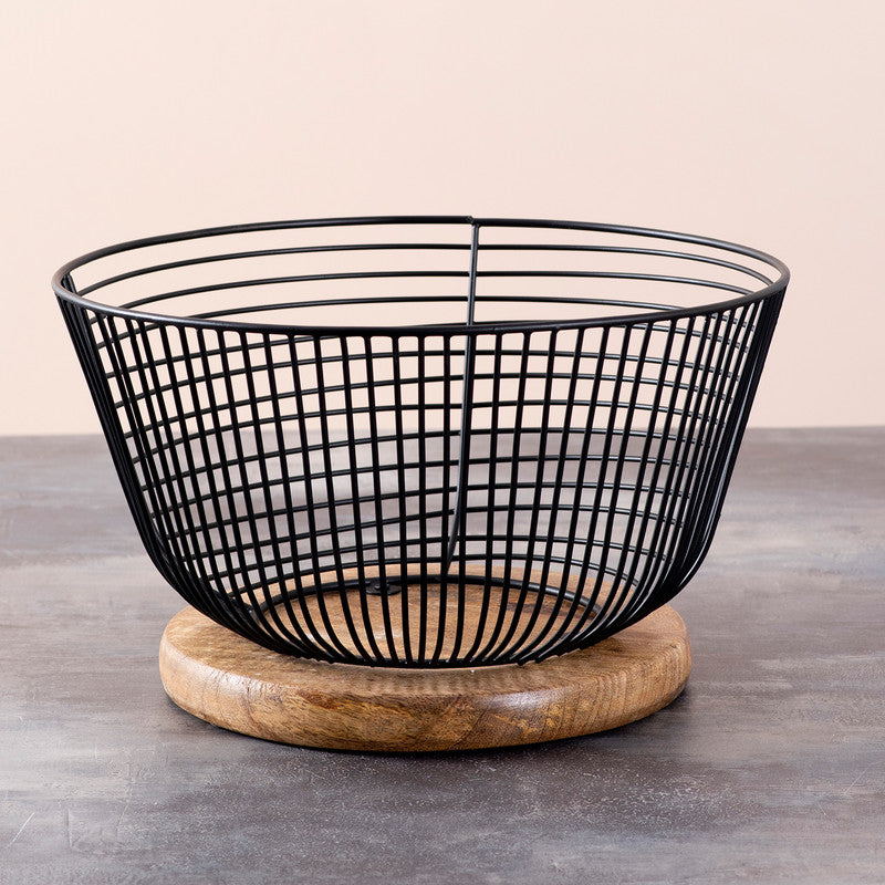 Iron & Mango Wood Mesh Basket with Wooden Base | Black