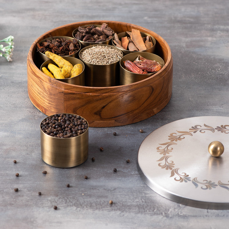Teak Wood Masala Box | Silver | 9x2.7 inch