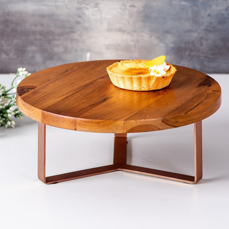 Teak wood & Stainless Steel Regular Cake Stand | Copper & Brown