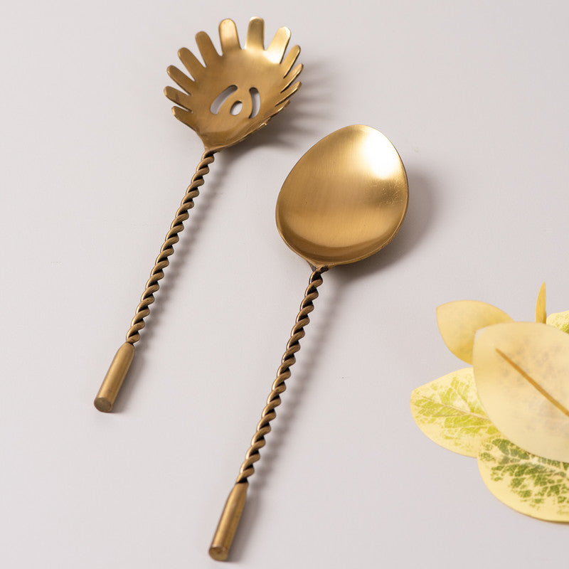 Stainless Steel Twisted Salad Serving Spoons | Set of 2 | Gold By Nestroots