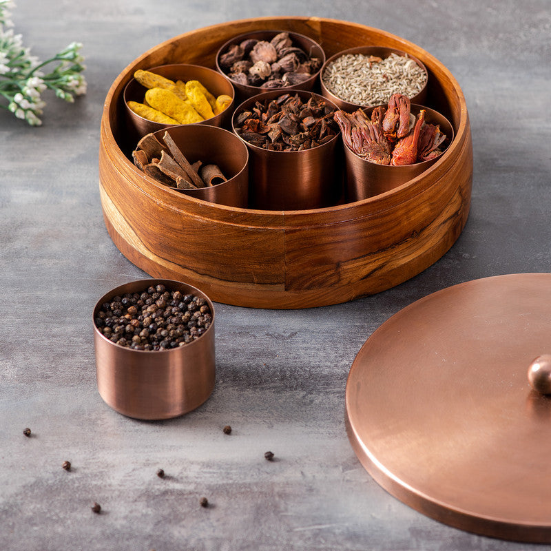 Teak Wood & Stainless Steel Masala Box | Copper By Nestroots