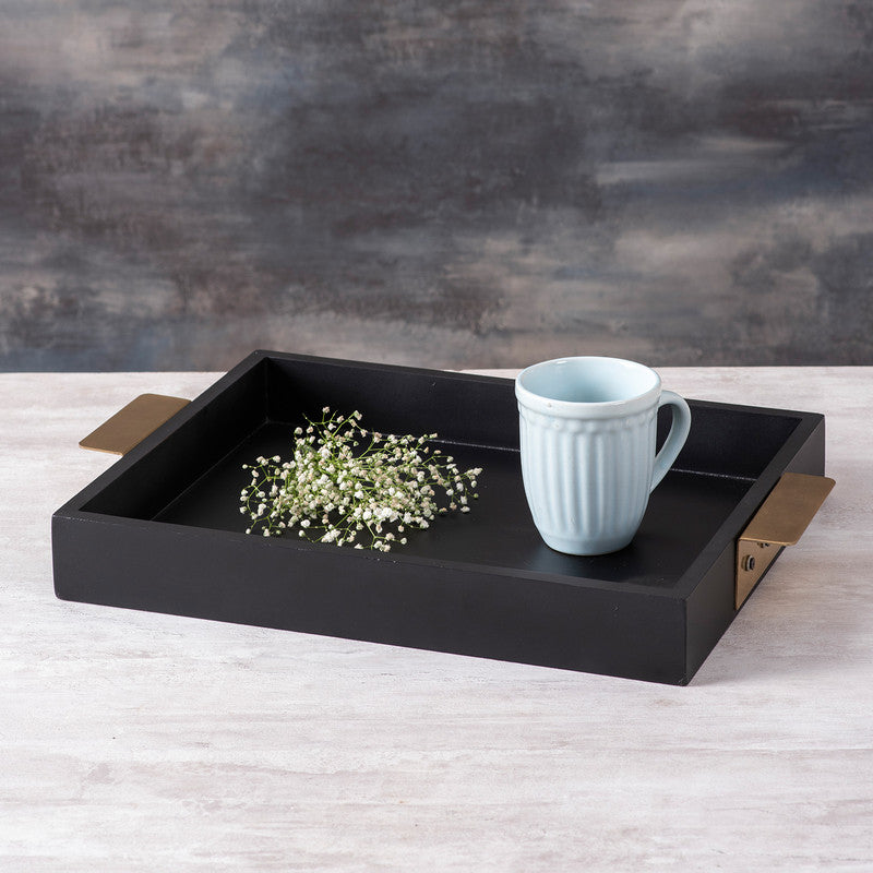 Teak Wood & Iron Serving Tray | Gold & Black By Nestroots