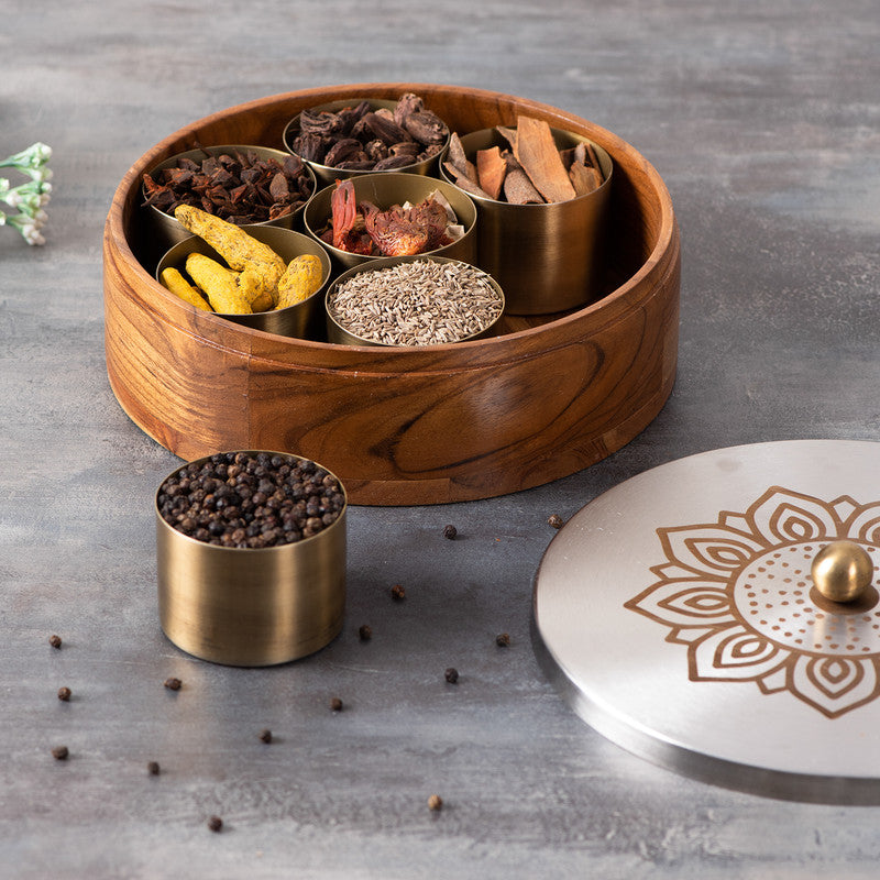 Wooden Masala Box | Teak Wood | Silver By Nestroots