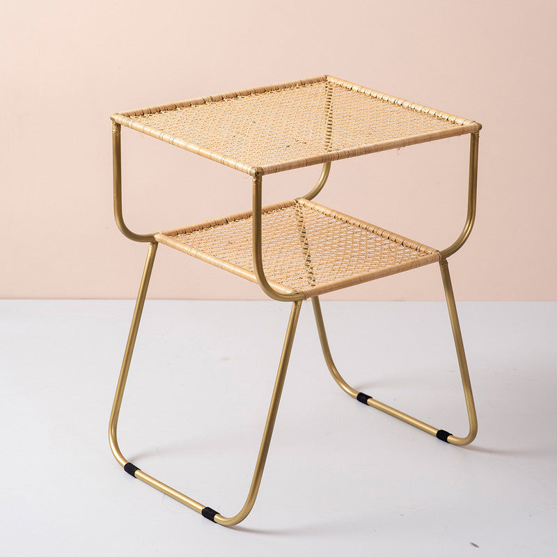Iron & Wicker Side Table | 2 Tier | Gold | L-18xW-14xH-21.1 Inches