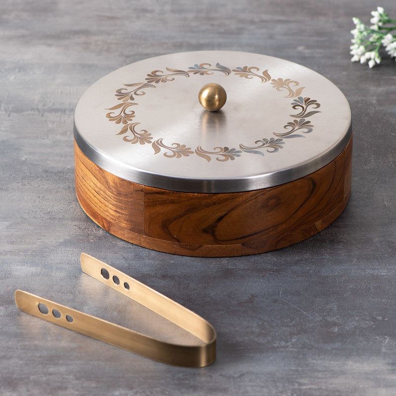 Wooden Roti Box | Teak Wood Chapati Box | Laser Design | Silver By Nestroots