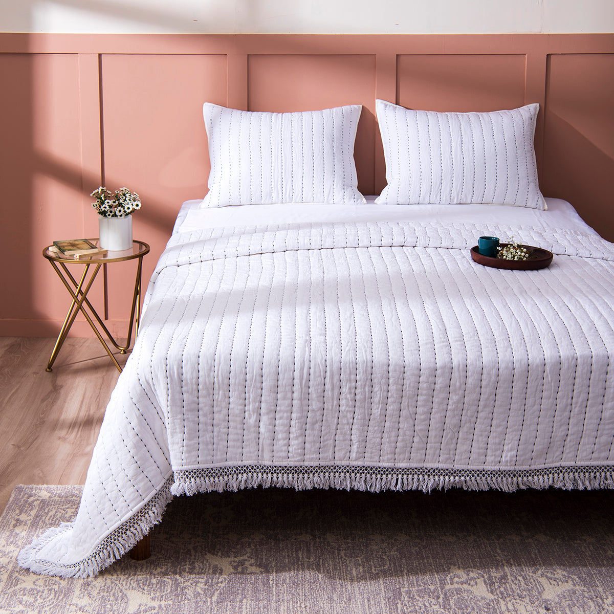Cotton Quilt with Pillow Shams | Striped | White By Nestroots