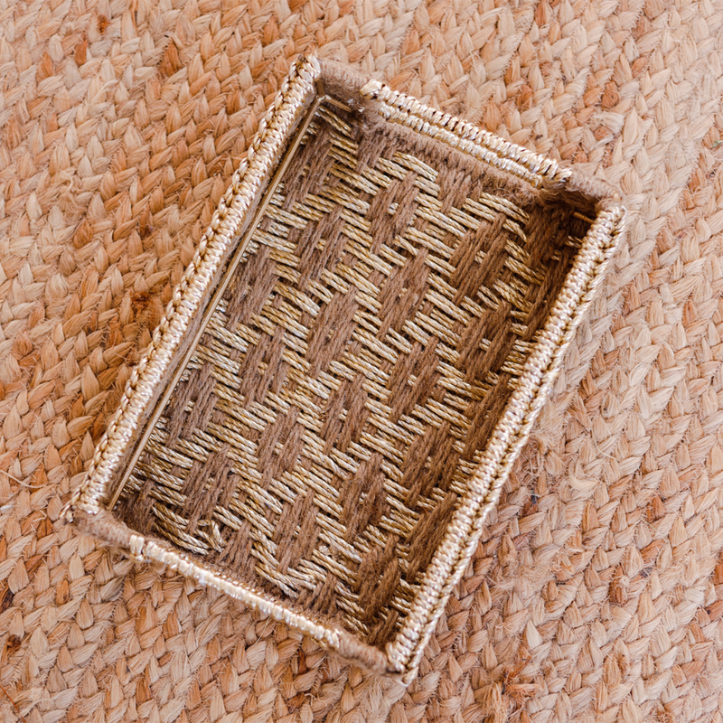 Upcycled Plastic & Jute Medium Tray | Beige & Gold | 15x12x3 inch By Sirohi