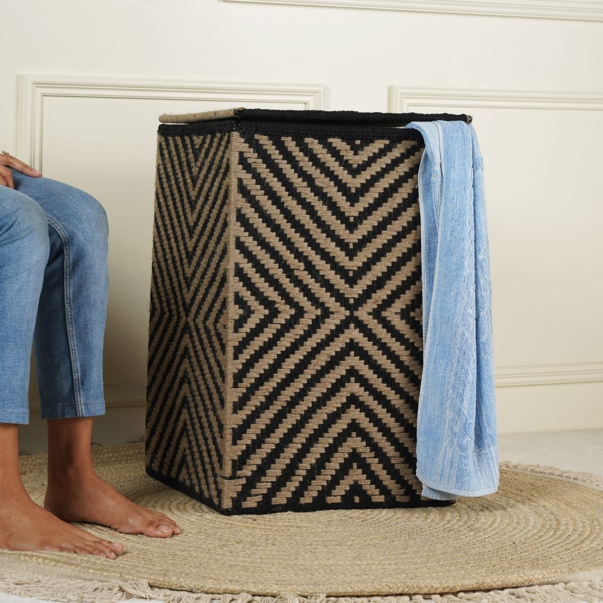 Jute & Macrame Large Laundry Basket | Beige & Black By Sirohi