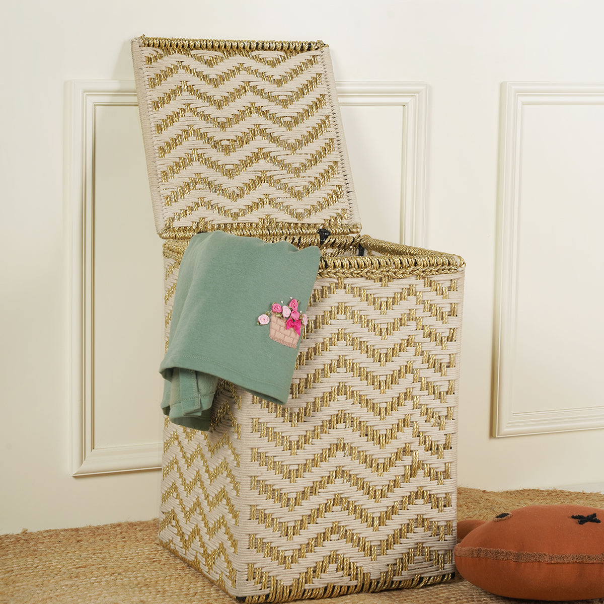 Upcycled Plastic Small Laundry Basket | 13x13x18 " | White & Gold By Sirohi