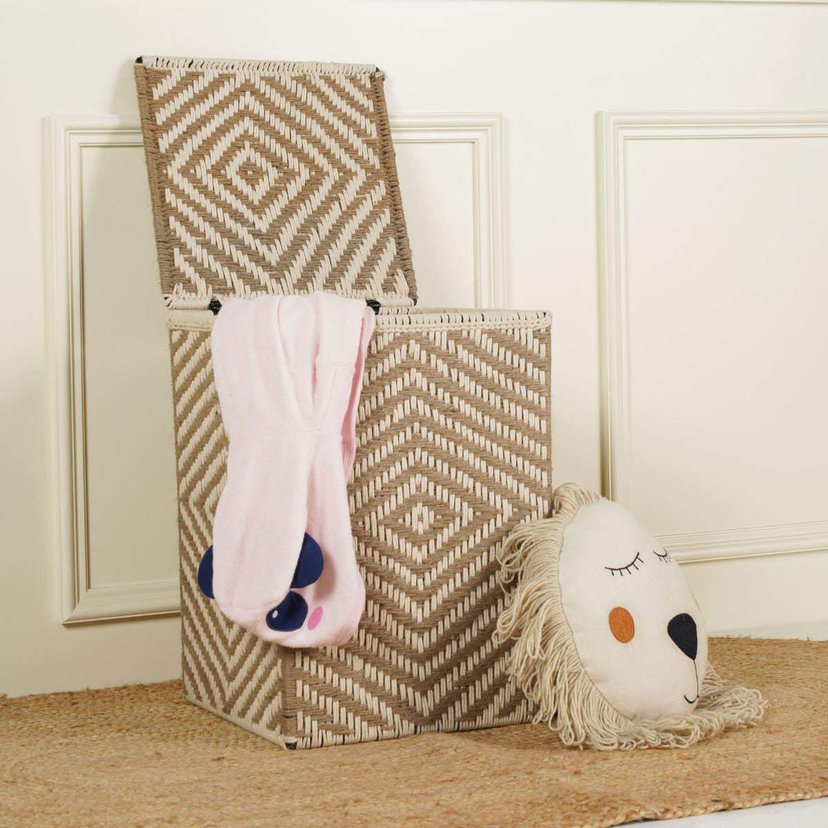 Jute Laundry Basket | Beige & White | Small | 13 x 13 x 18 inches By Sirohi