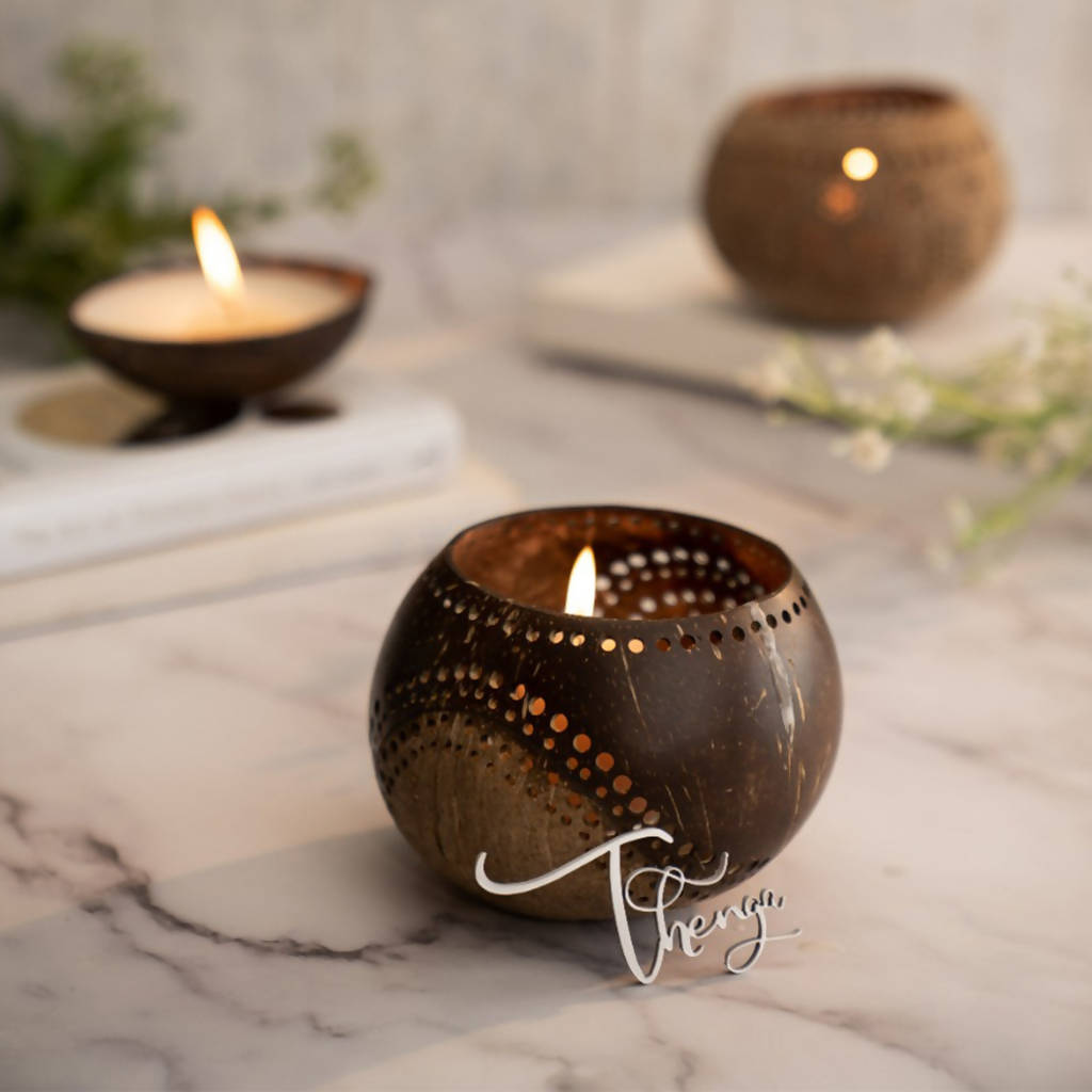 Handcrafted Brown Coconut Shell Candle Holder By Thenga