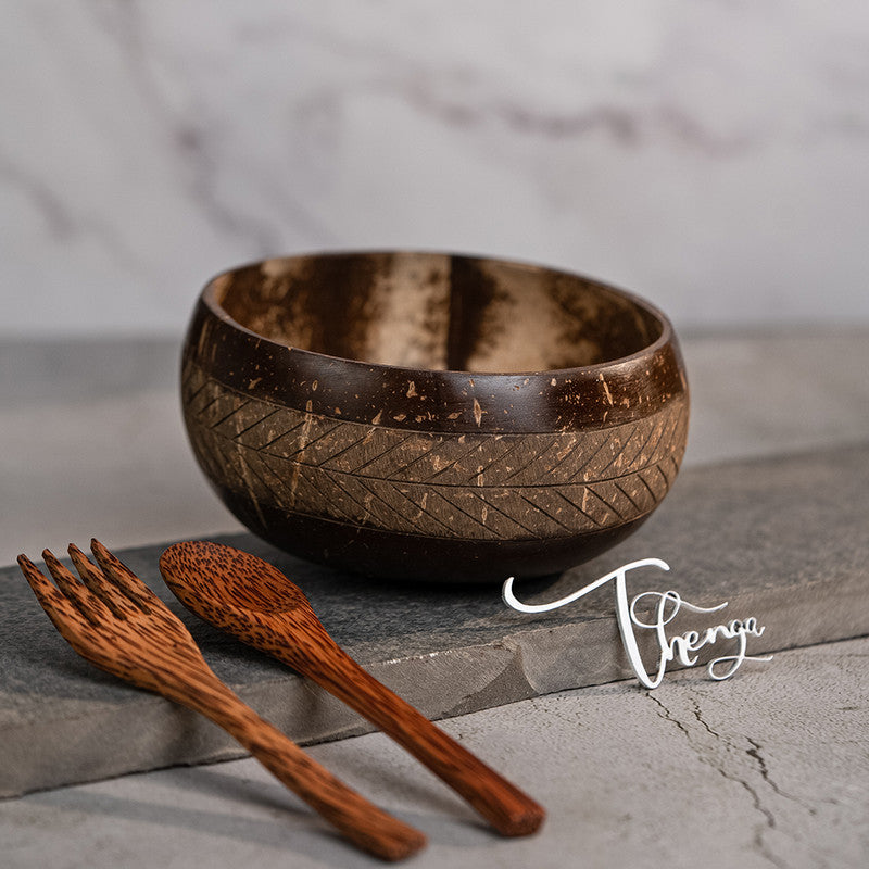 Coconut Bowl With Spoon and Fork | Geometric Design | 900 ml | Brown By Thenga