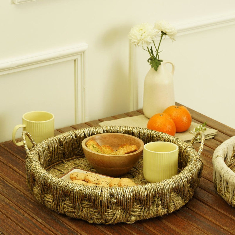 Serving Tray | Metal & Moonj Grass | Brown & Gold | LxBxH-38x38x13 cm