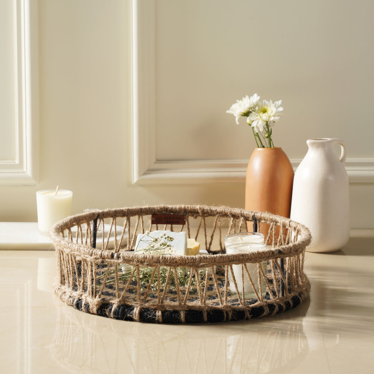 Cotton & Jute Round Tray | Beige & Black | Medium | 13 x 13 x 3 inches