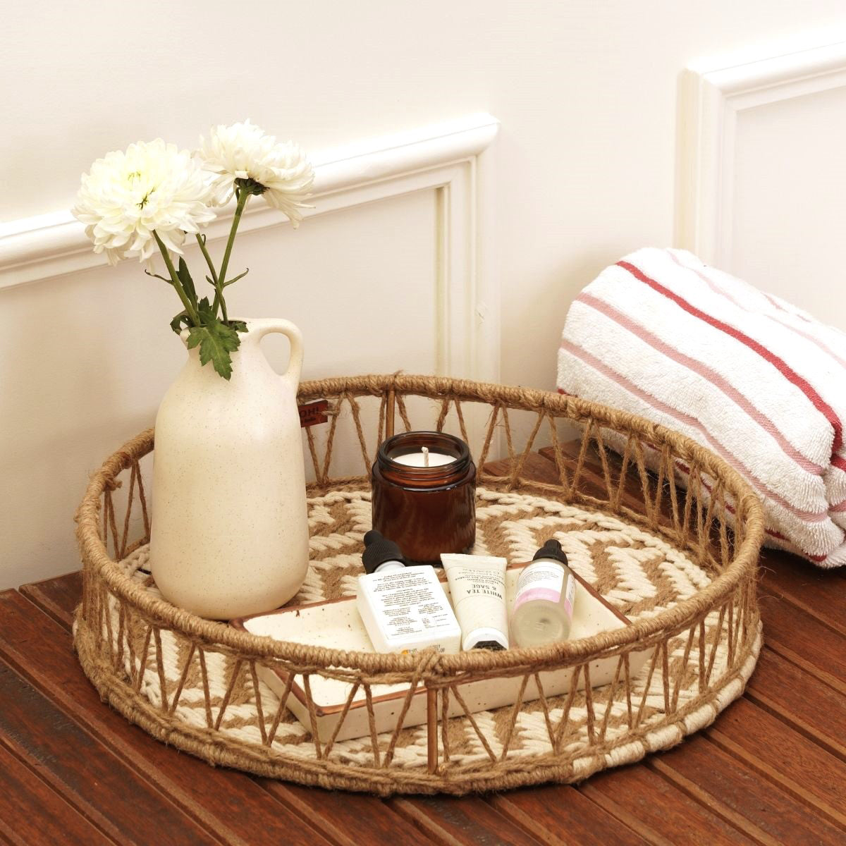 Cotton & Jute Round Tray | Beige & White | Medium | 13 x 13 x 3 inches