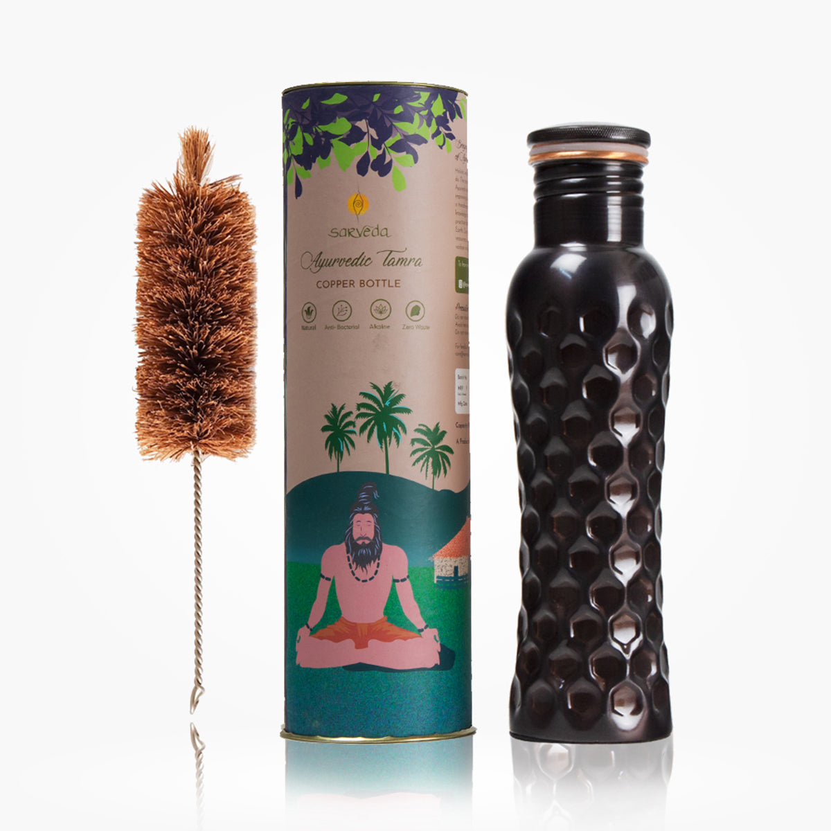 Copper Bottle with Cleaning Brush | Diamond Groove | Dark Purple | 1 Litre