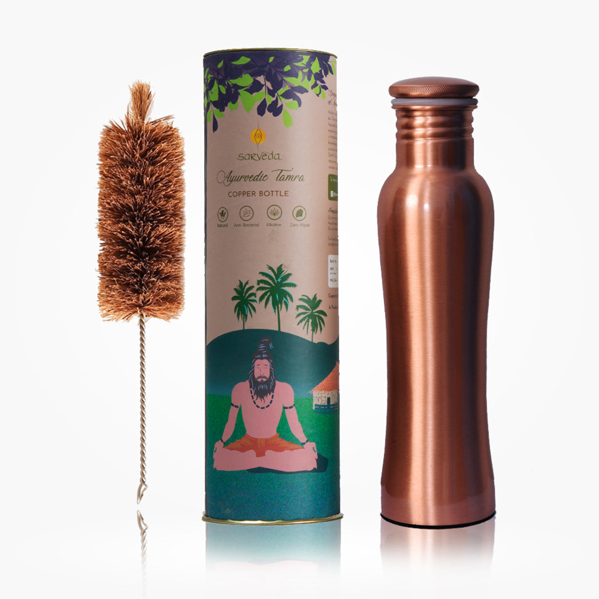 Copper Bottle with Cleaning Brush | Plain Curved | 1 Litre