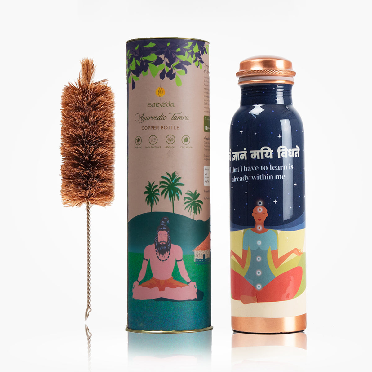 Copper Bottle with Cleaning Brush | Blue | 1 Litre