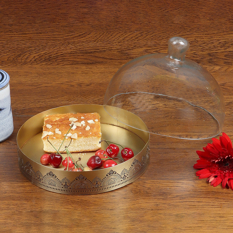Brass Cookie Tray With Glass Cloche | Maroon