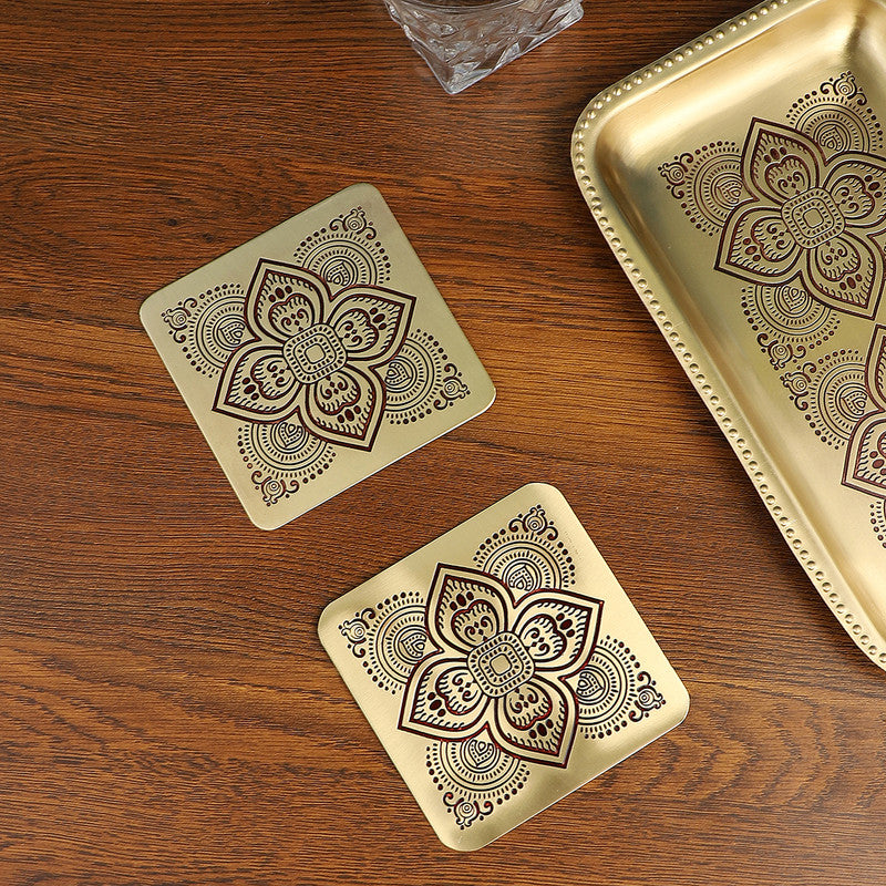 Brass Coasters | Square | Set of 2 | Gold & Maroon