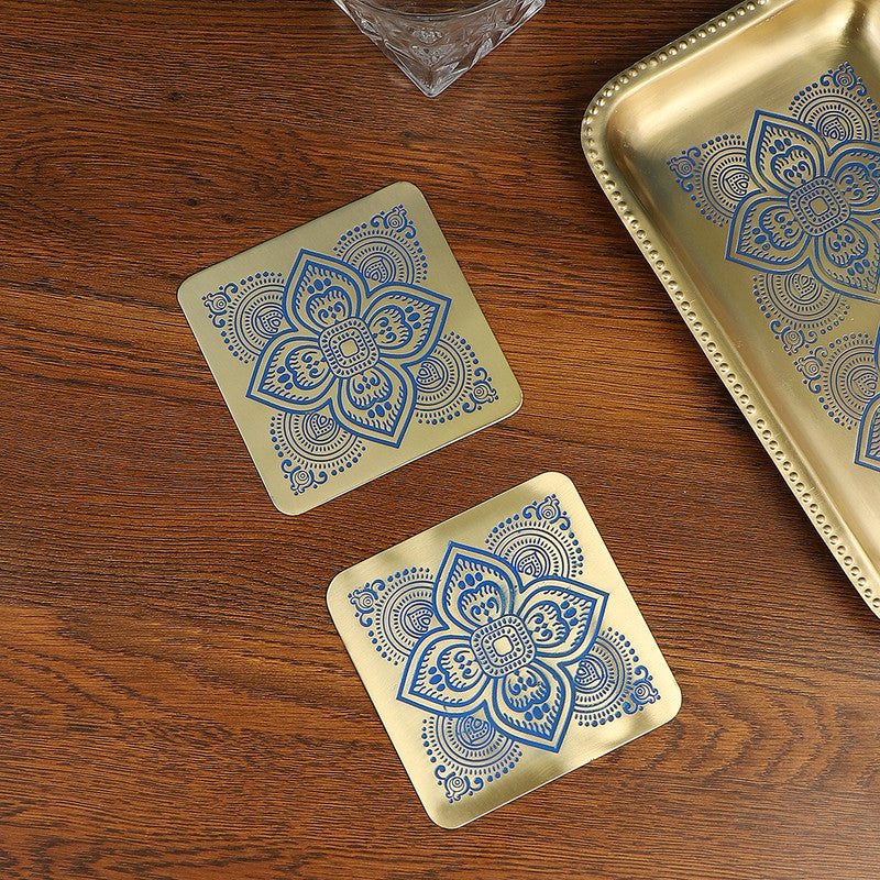 Brass Square Coaster | Set of 2 | Blue By Nakshikathaa