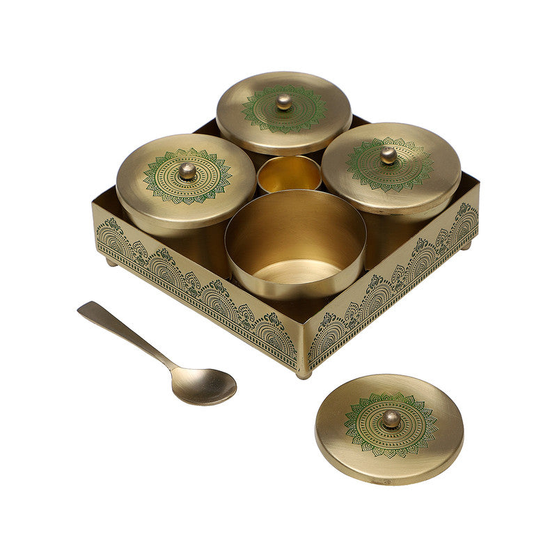 Brass Condiment Jar Set | Green | 4 Pieces By Nakshikathaa