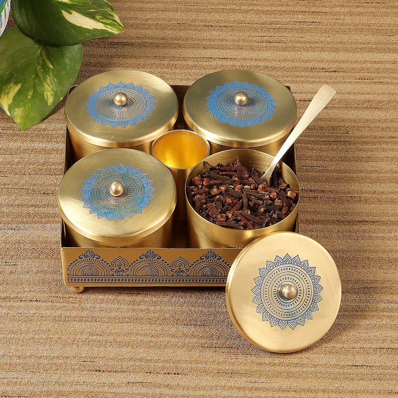 Brass Condiment Jar Set | Blue | 4 Pieces By Nakshikathaa