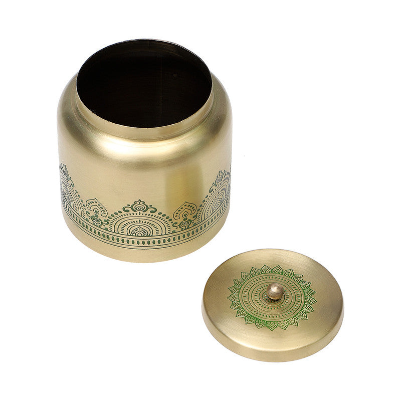 Storage Box | Brass Jar With Lid | Gold & Green