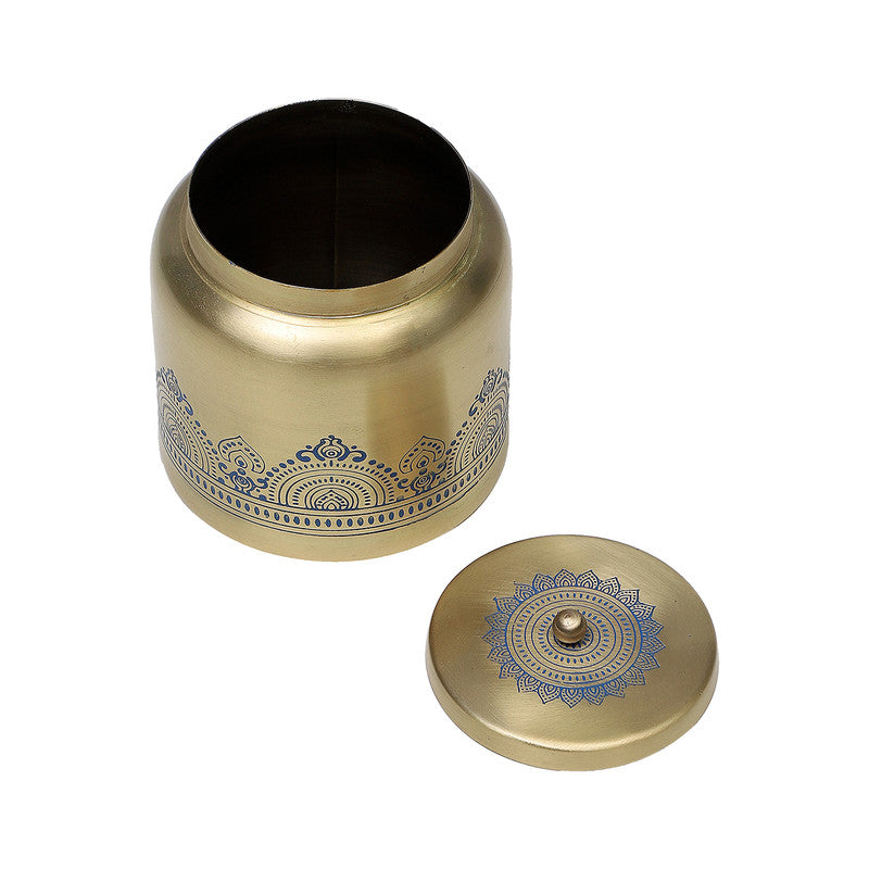 Storage Containers | Brass Jar With Lid | Gold & Blue | 3X3X4 Inches