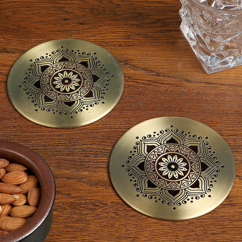 Brass Coasters | Set of 2 | Maroon By Nakshikathaa