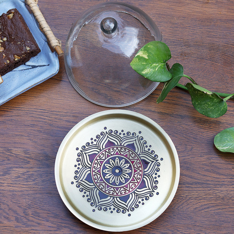 Brass Cake Stand With Glass | Maroon | Small Cakes & Pastries