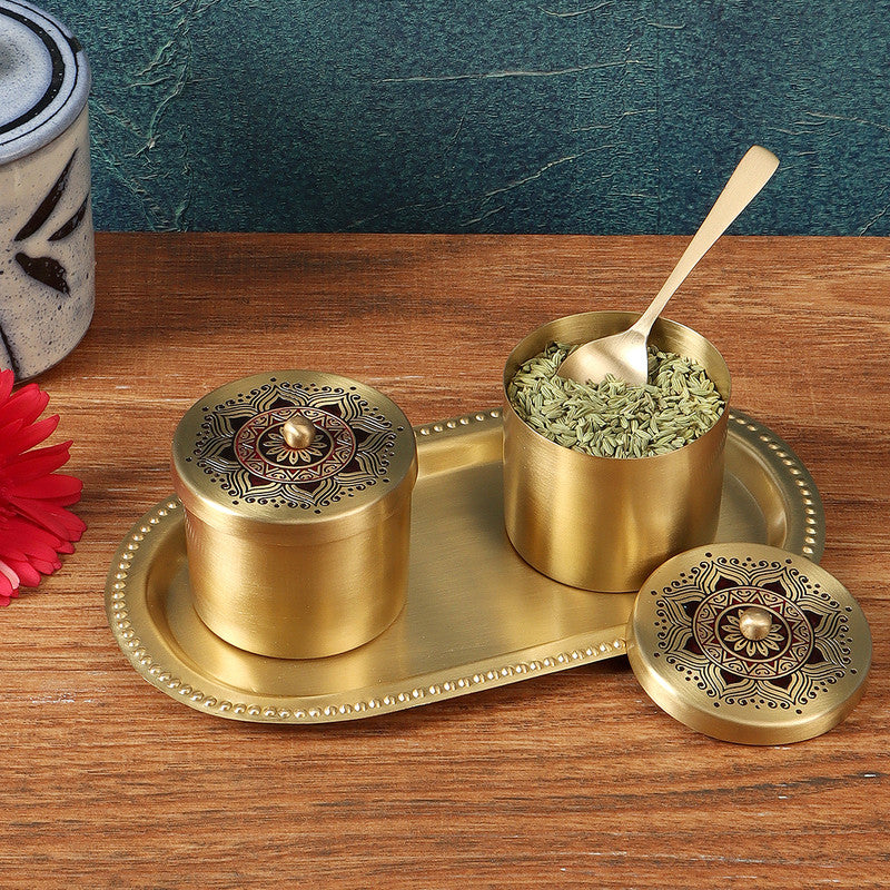 Brass Condiment Jars Set | Maroon | 4 Pieces By Nakshikathaa