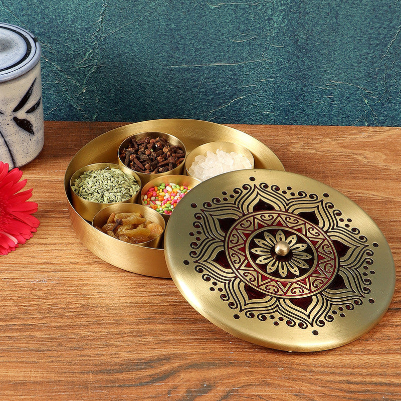 Brass Masala Box | Handpainted | Maroon | 6.5x1.75 inch By Nakshikathaa