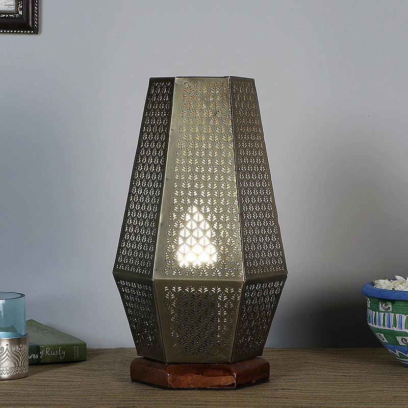 Metal Table Lamp With Wooden Base | Antique Finish