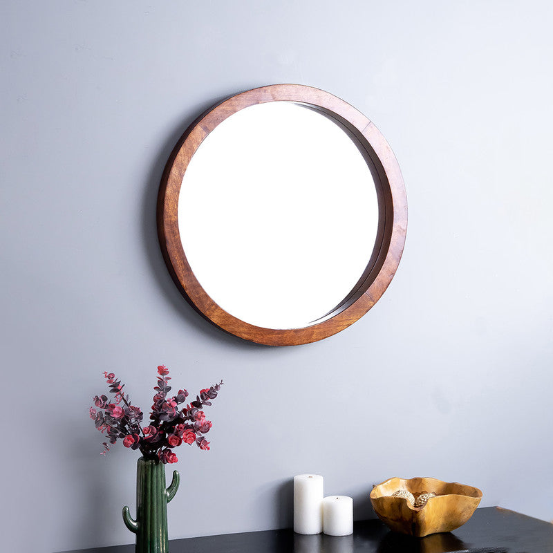 Wooden Designer Mirror | Round Shape | Brown Frame | 24 x 24 inches By Think Artly