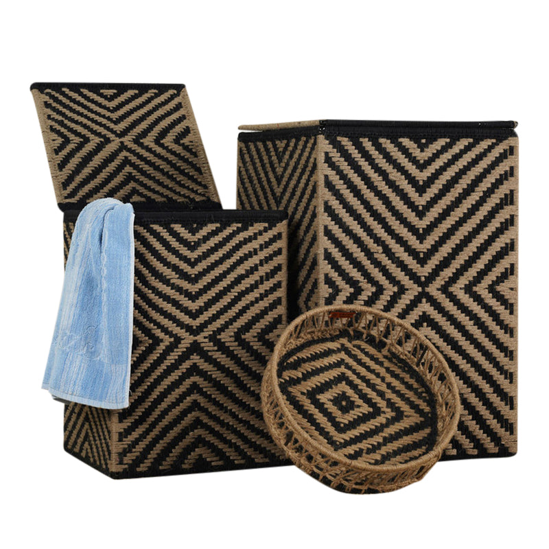 Jute Laundry Basket & Tray Combo | Metal & Cotton | Brown | Set of 3