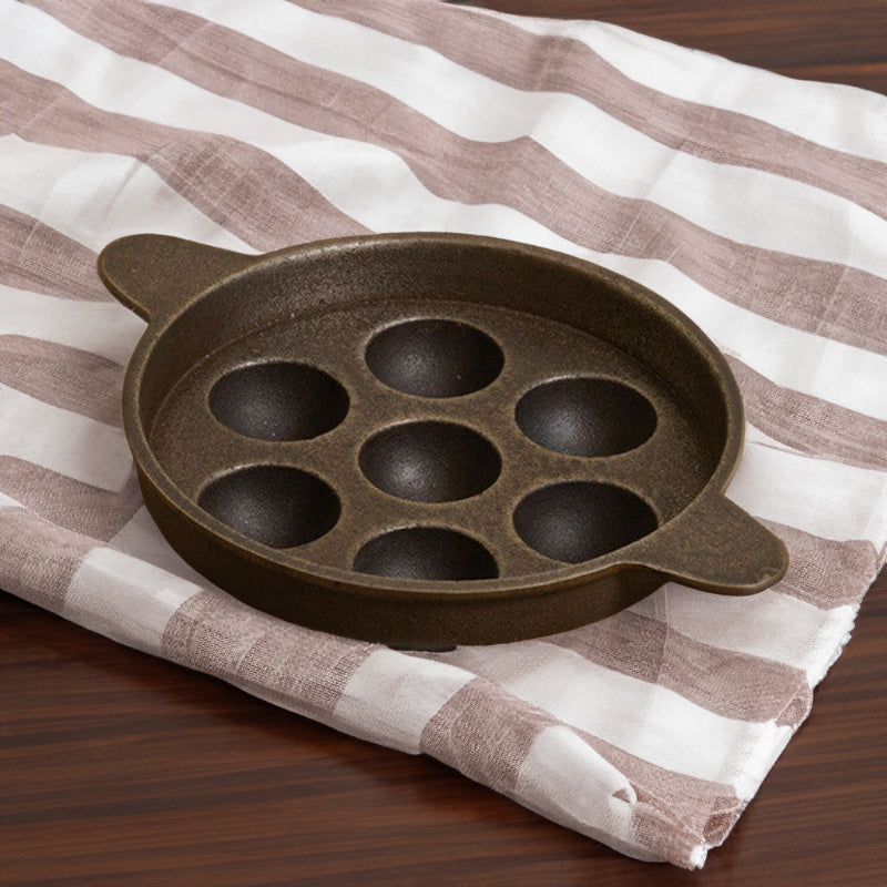 Cast Iron Paniyaram | Greyish Black | Non-Flat Bottom | 7 Kuzhi | 9 inches