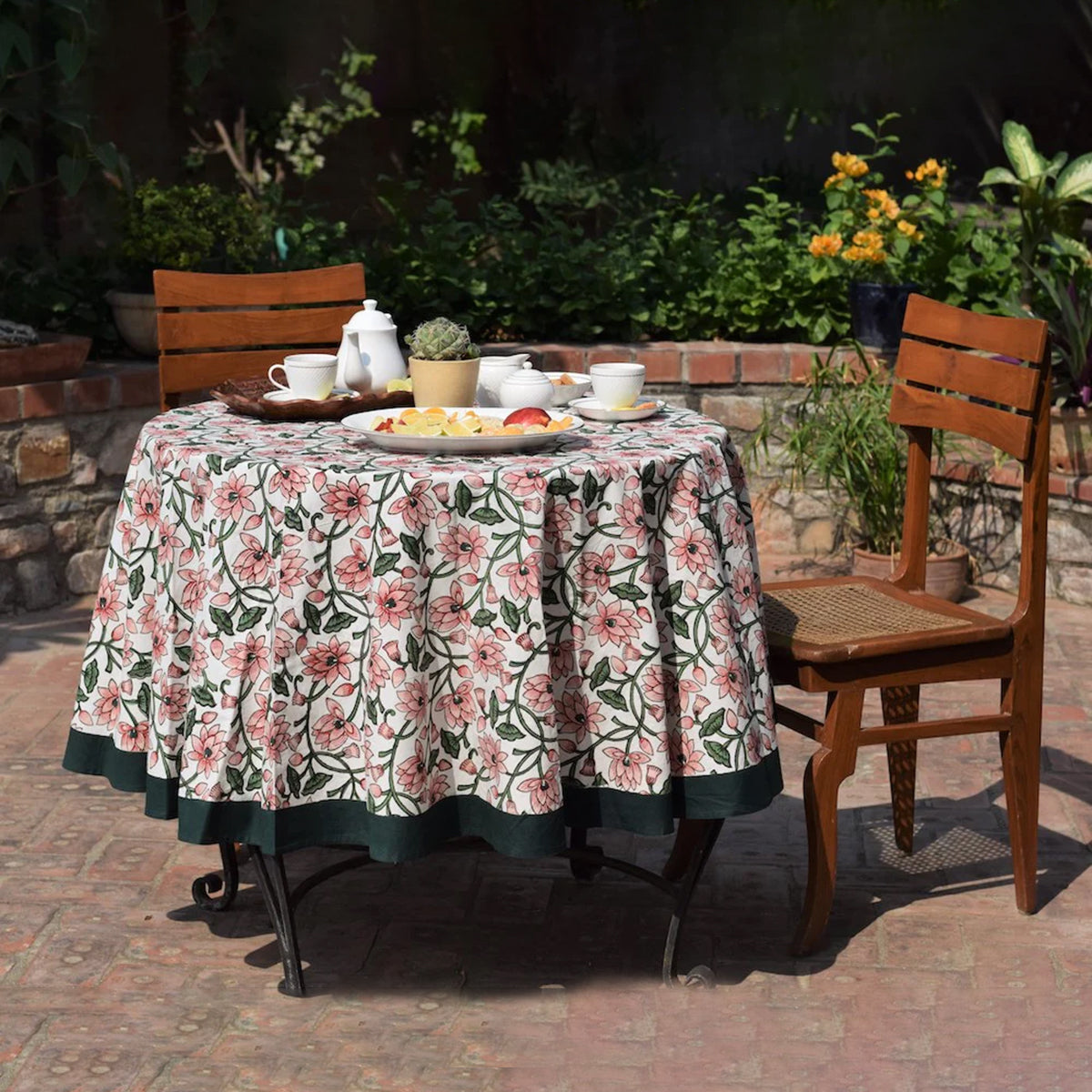 Handblock Printed |Cotton Table Cover | Pink & Green By Taru Jaipur