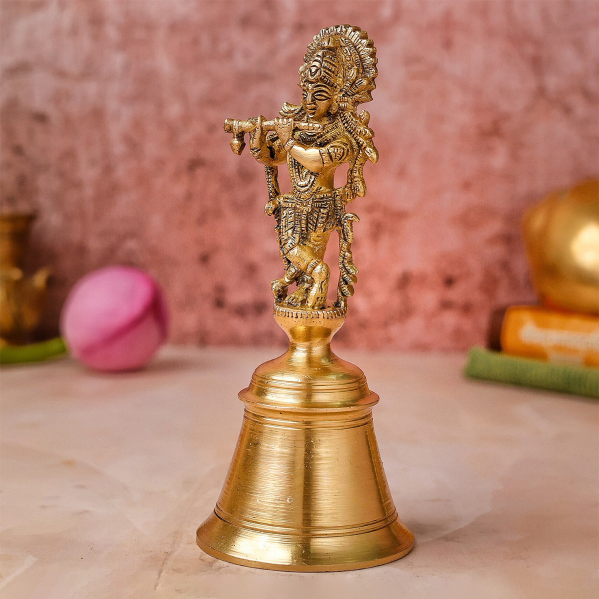 Brass Pooja Bell | Lord Krishna Design | Gold | 17 cm By The Advitya