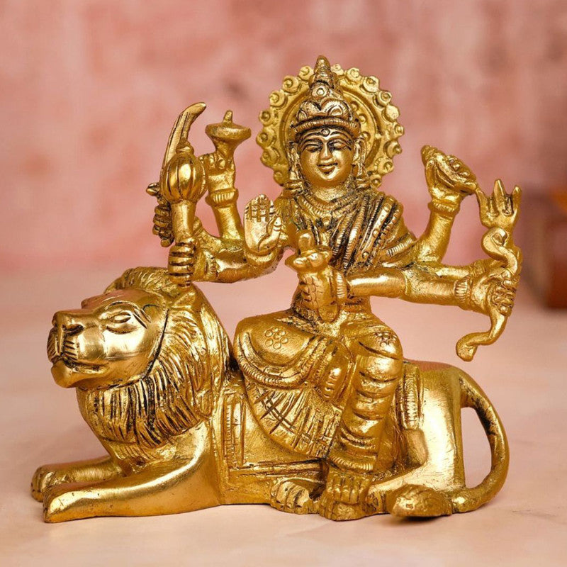 Brass Durga Sitting on Seated Lion Idol | Gold By The Advitya
