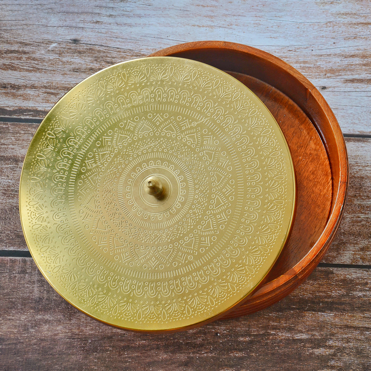 Wooden Roti Box with Steel Lid | 9 inches | Brown & Gold By Abel House