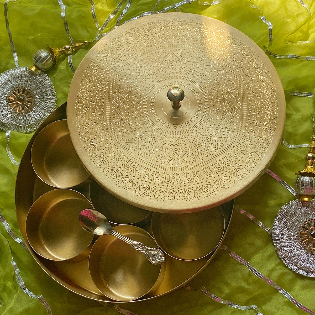 Brass Masala Box | Rangoli Design | 7 Containers | 8 inches By Abel House