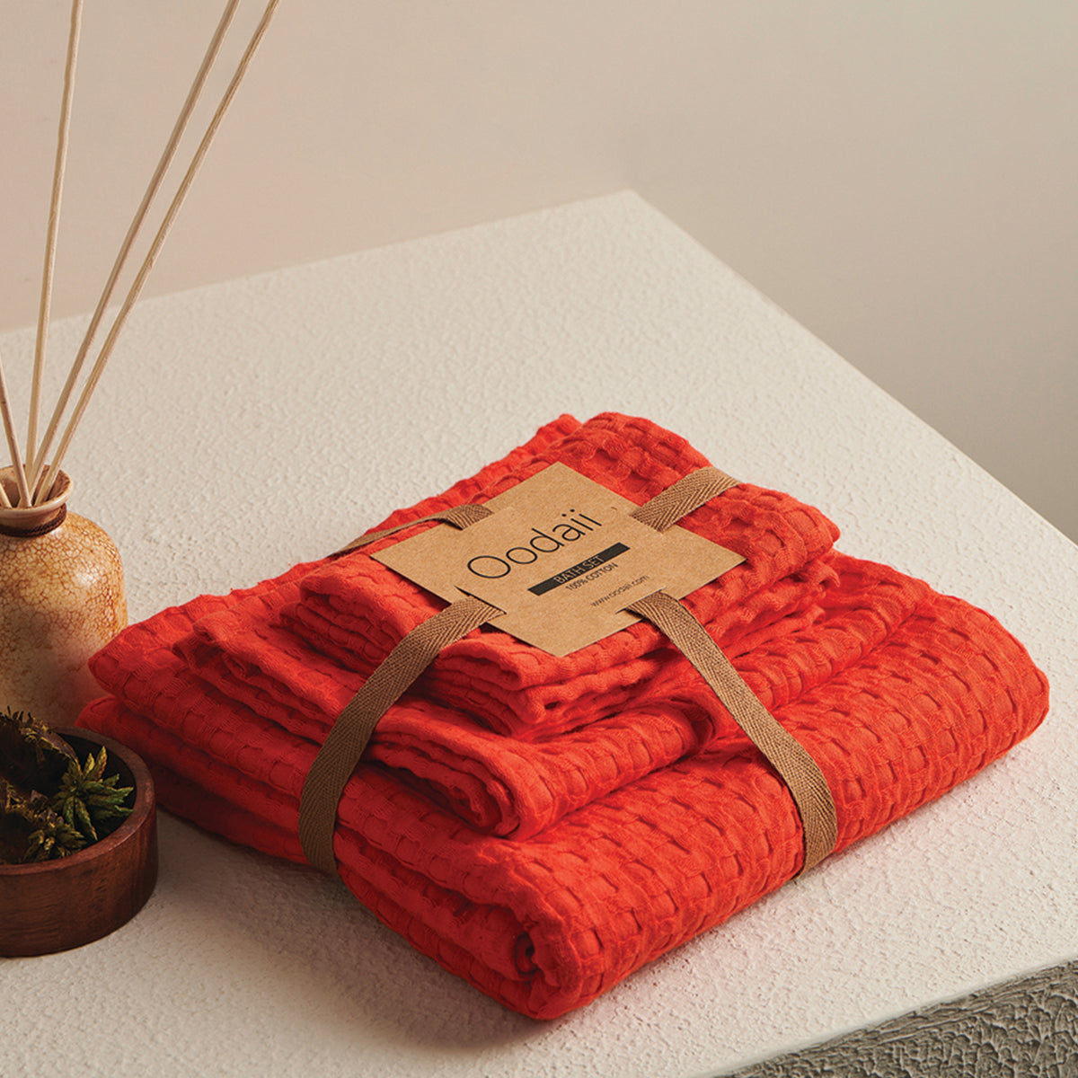 Cotton Towel Set | Waffle Design | Rust Red | Set of 4