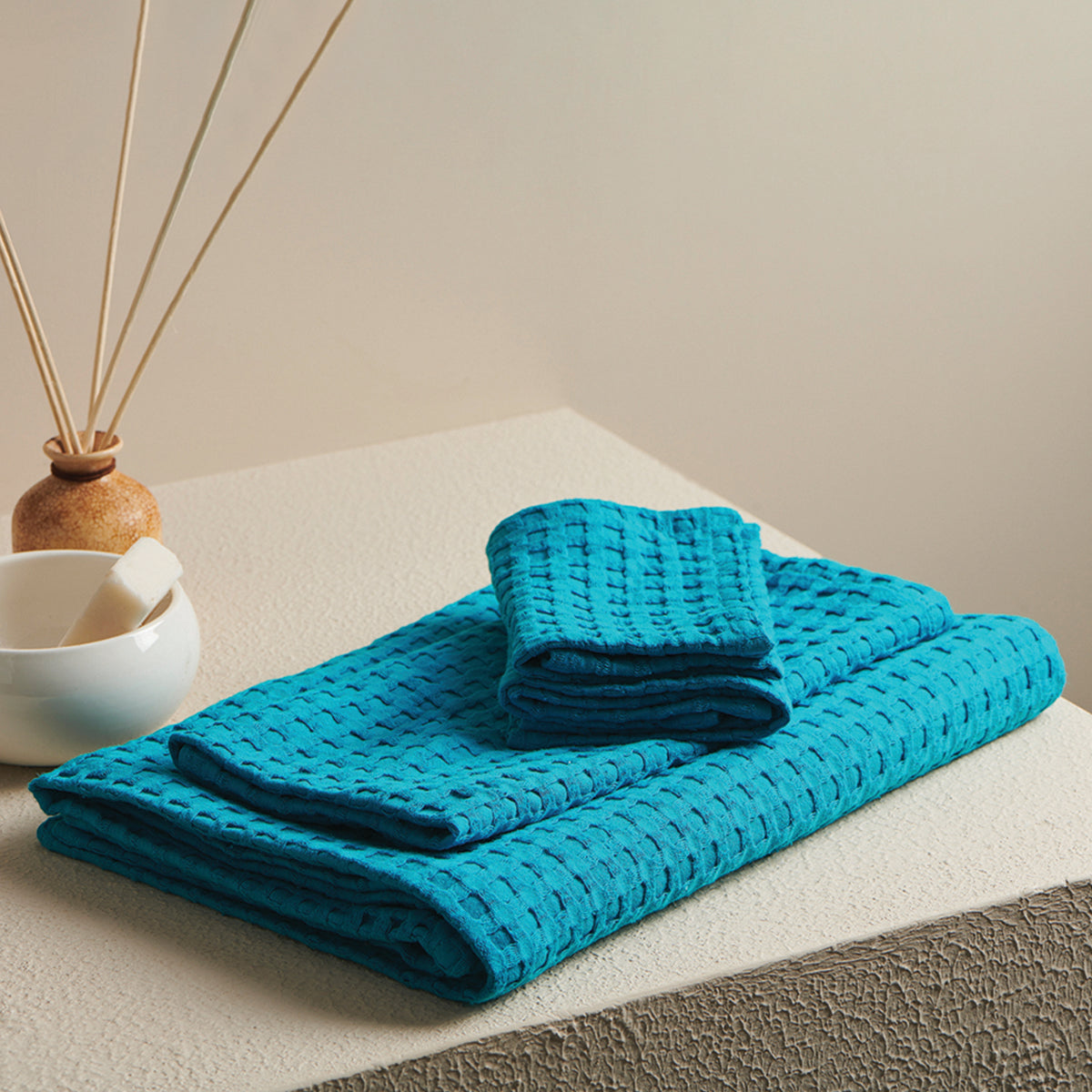 Cotton Towel Set | Waffle Design | Turquoise Blue | Set of 4